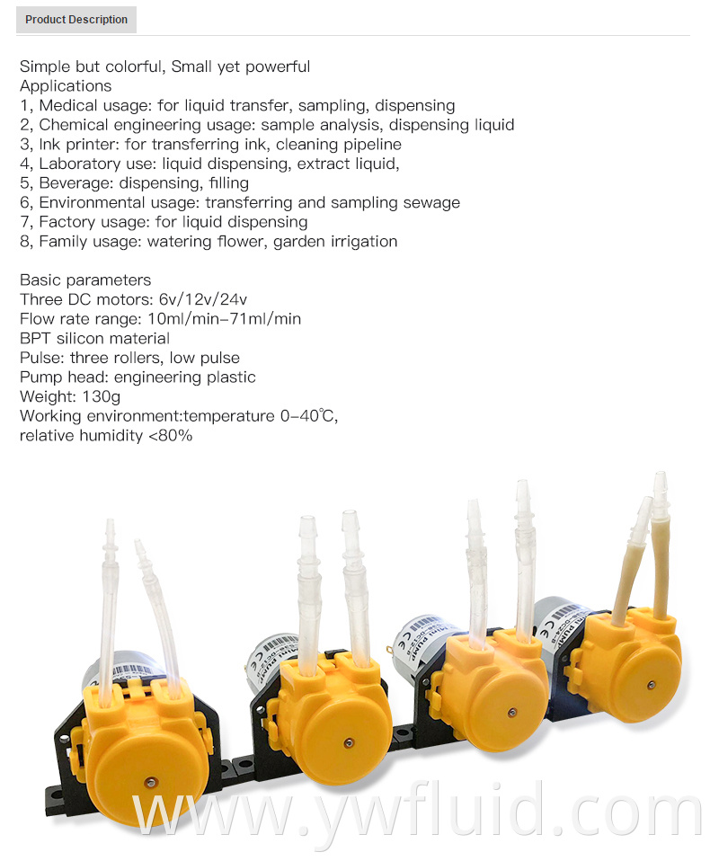 YWfluid 12V DC Motor Miniature Peristaltic Pump With Max Flowrate 130ml/min used for liquid transport